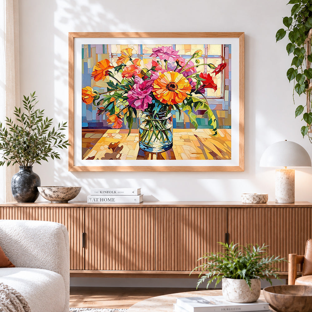 Finished colourful flowers on a sunlit windowsill cross stitch artwork displayed