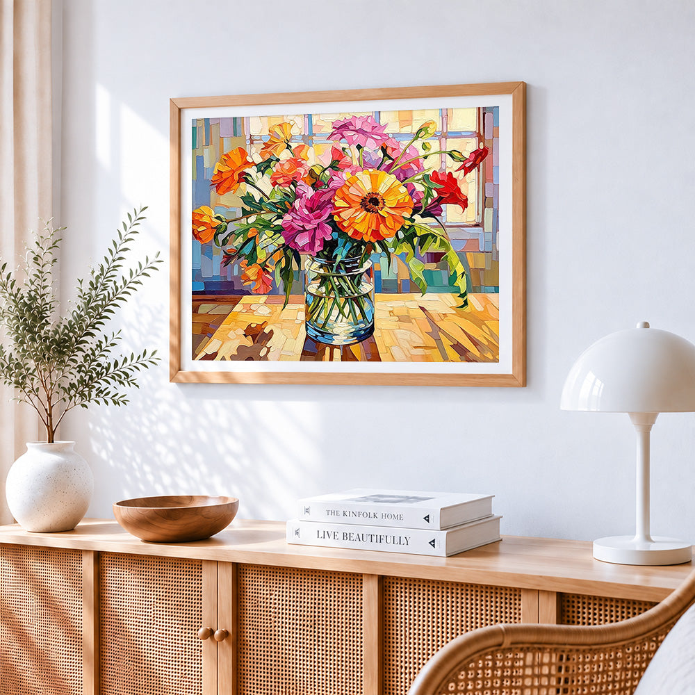 Colourful flowers on a sunlit windowsill cross stitch artwork displayed on wall as home decor