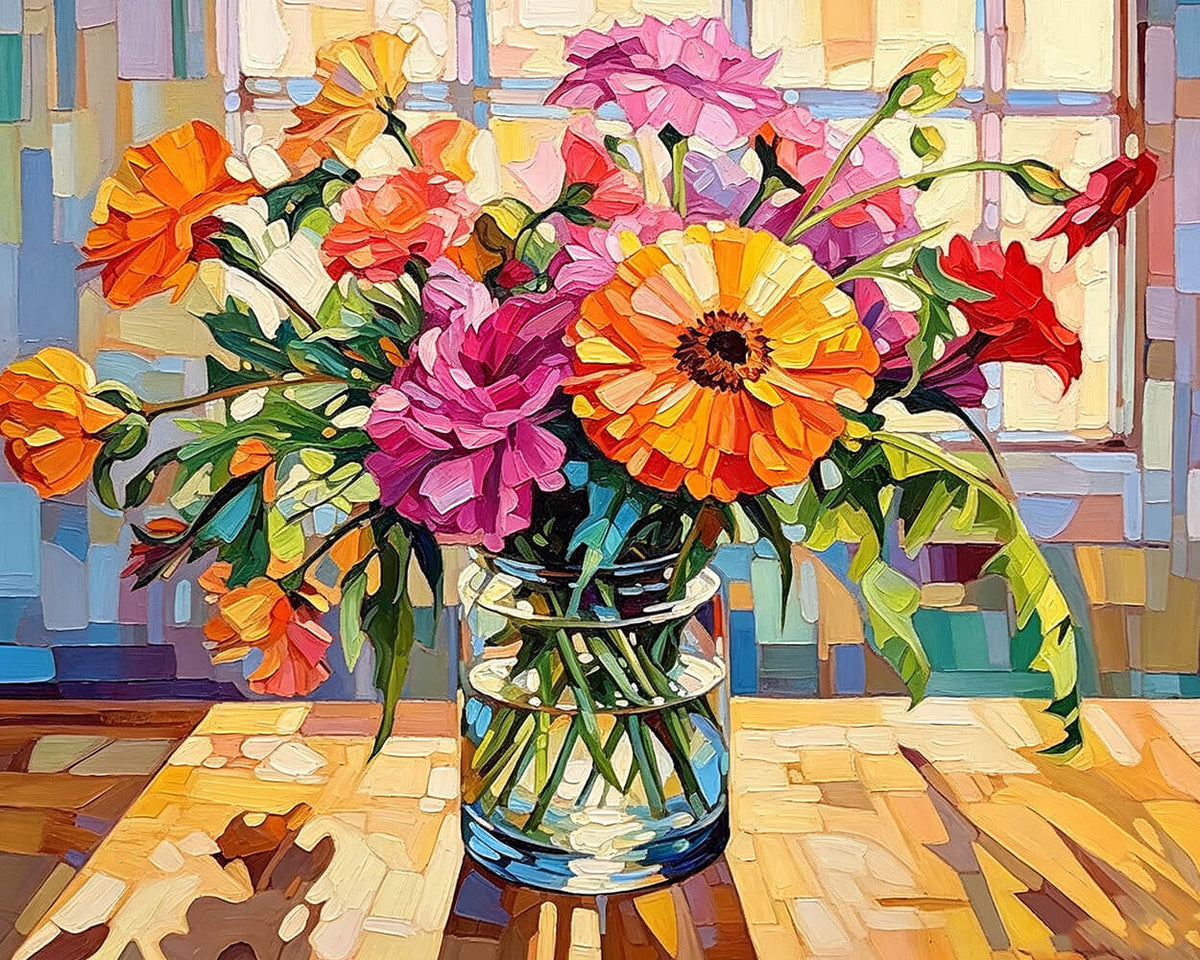 Colourful flowers on a sunlit windowsill paint by numbers kit for beginners