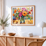 Colourful flowers on a sunlit windowsill paint by numbers artwork displayed on wall as home decor