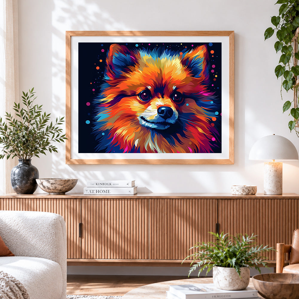 Finished colourful fluffy pomeranian cross stitch artwork displayed