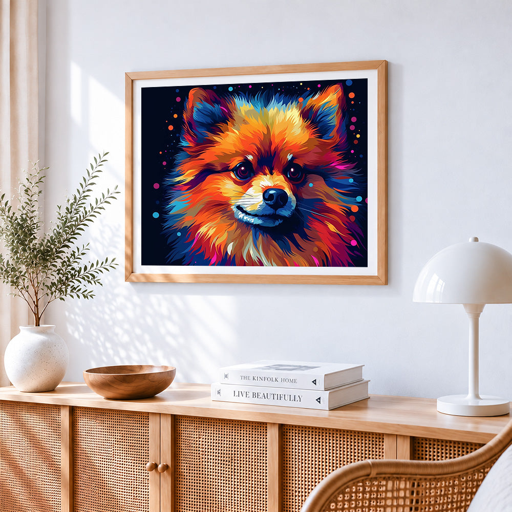 Colourful fluffy pomeranian cross stitch artwork displayed on wall as home decor