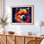 Colourful fluffy pomeranian paint by numbers artwork displayed on wall as home decor