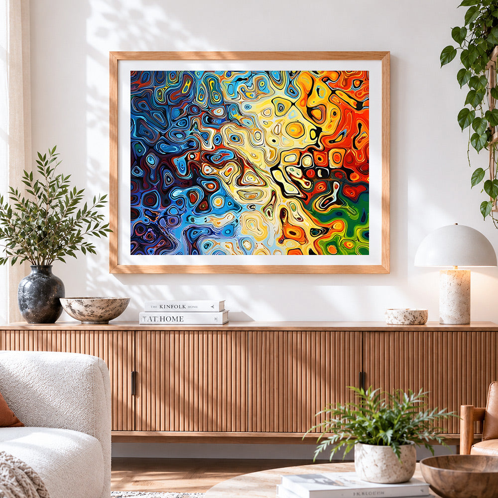 Finished colourful fluid abstract art cross stitch artwork displayed