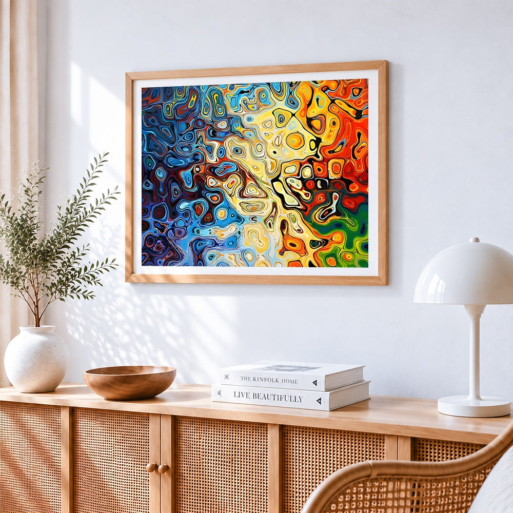 Colourful fluid abstract art cross stitch artwork displayed on wall as home decor