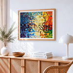Colourful fluid abstract art cross stitch artwork displayed on wall as home decor