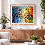 Finished colourful fluid abstract art paint by numbers artwork displayed as home decor
