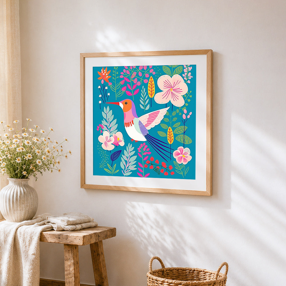 Colourful folk art bird and flowers cross stitch artwork displayed on wall as home decor
