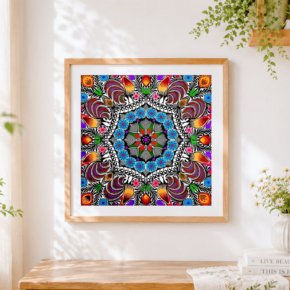 Finished colourful folk art pattern cross stitch artwork displayed