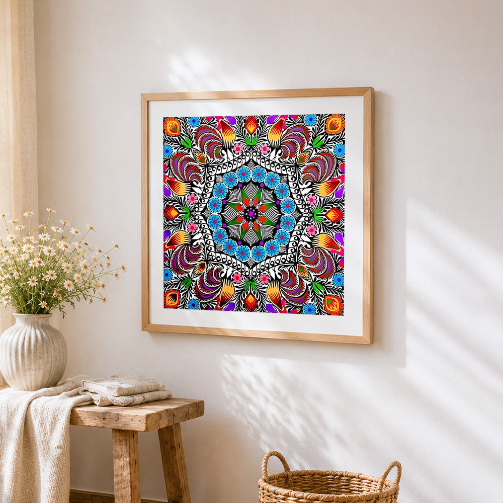 Colourful folk art pattern cross stitch artwork displayed on wall as home decor