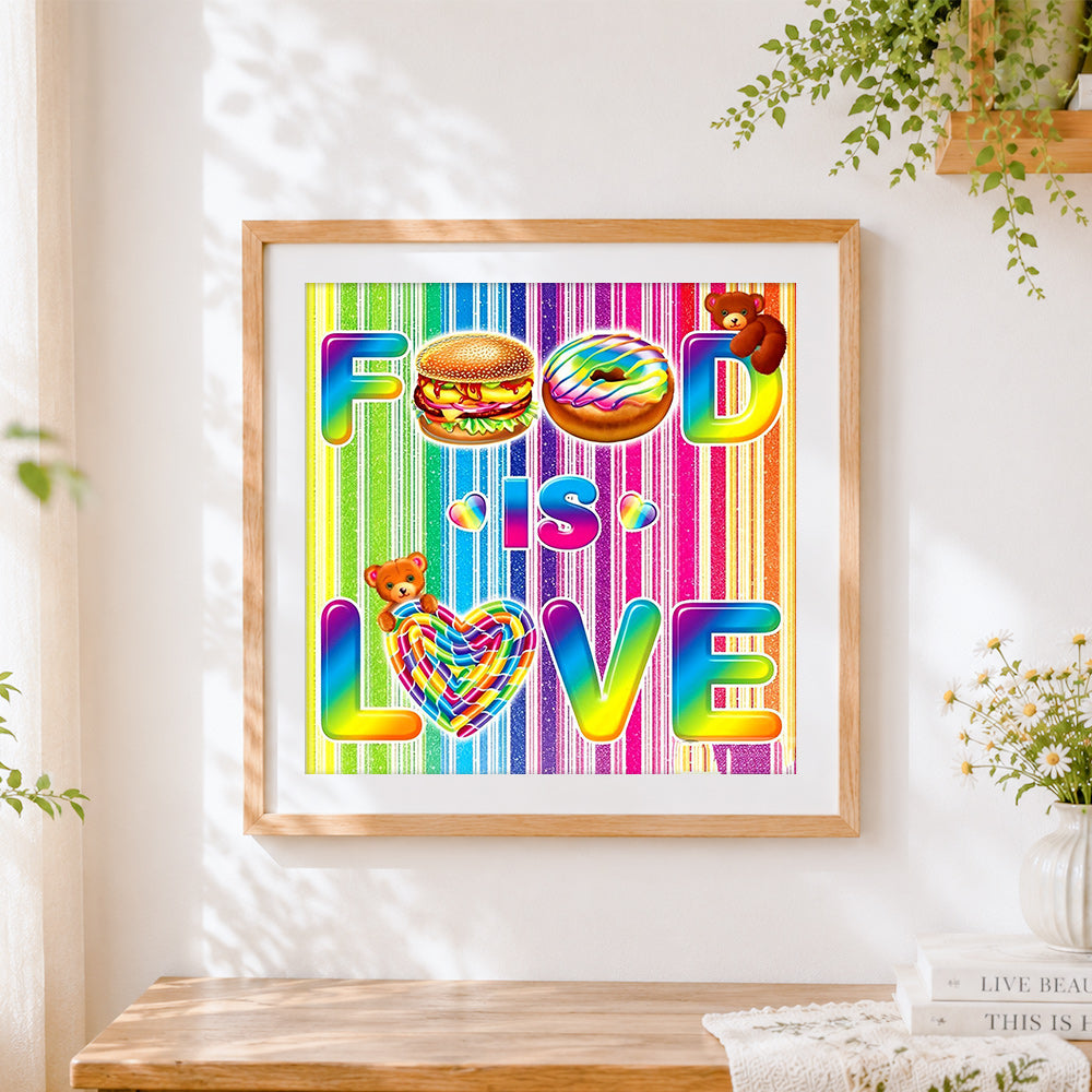 Finished colourful food is love pop art cross stitch artwork displayed