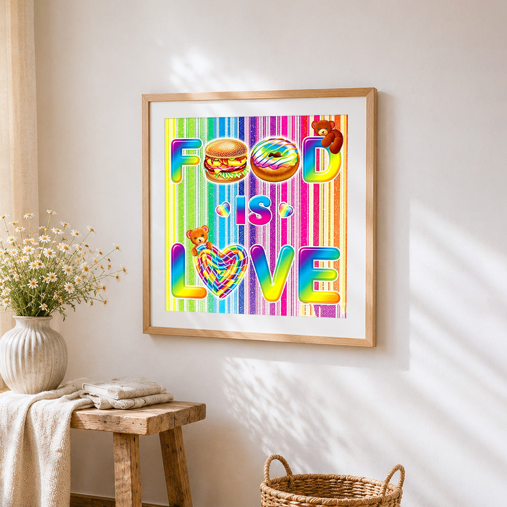 Colourful food is love pop art cross stitch artwork displayed on wall as home decor