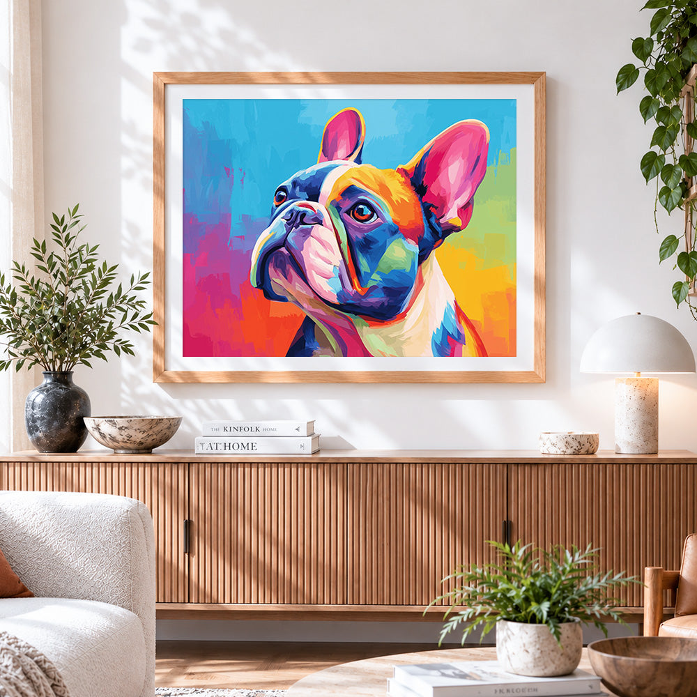Finished colourful french bulldog cross stitch artwork displayed