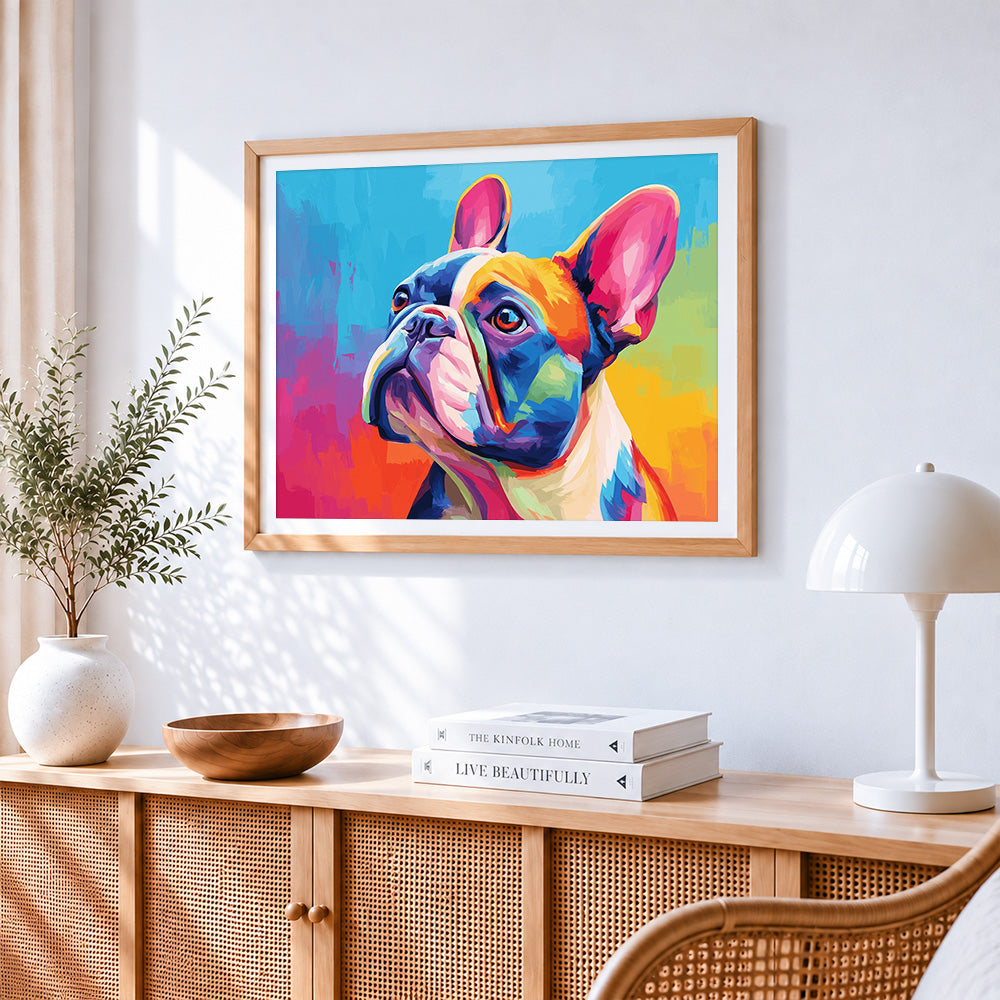 Colourful french bulldog cross stitch artwork displayed on wall as home decor