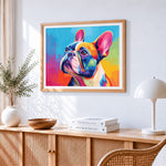 Colourful french bulldog paint by numbers artwork displayed on wall as home decor