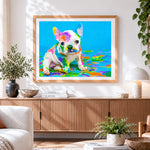 Finished colourful french bulldog puppy cross stitch artwork displayed
