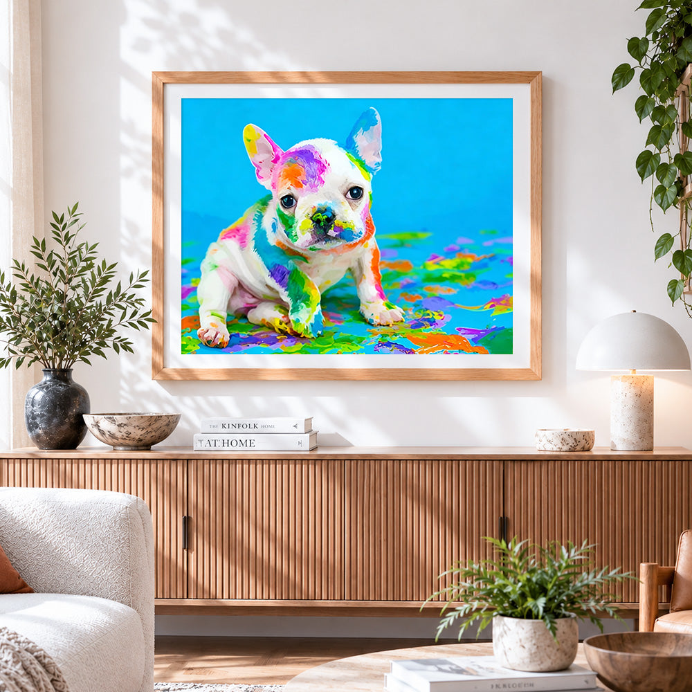 Finished colourful french bulldog puppy cross stitch artwork displayed