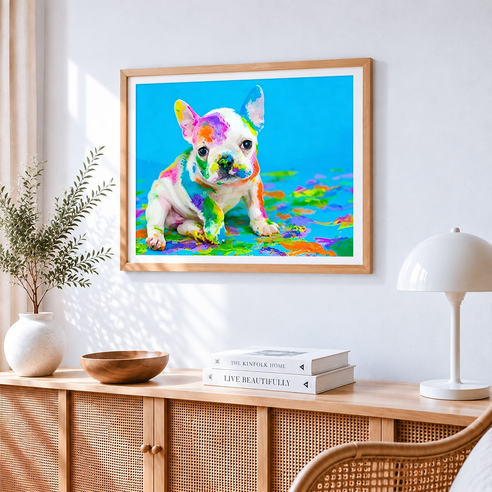 Colourful french bulldog puppy cross stitch artwork displayed on wall as home decor