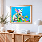 Colourful french bulldog puppy cross stitch artwork displayed on wall as home decor