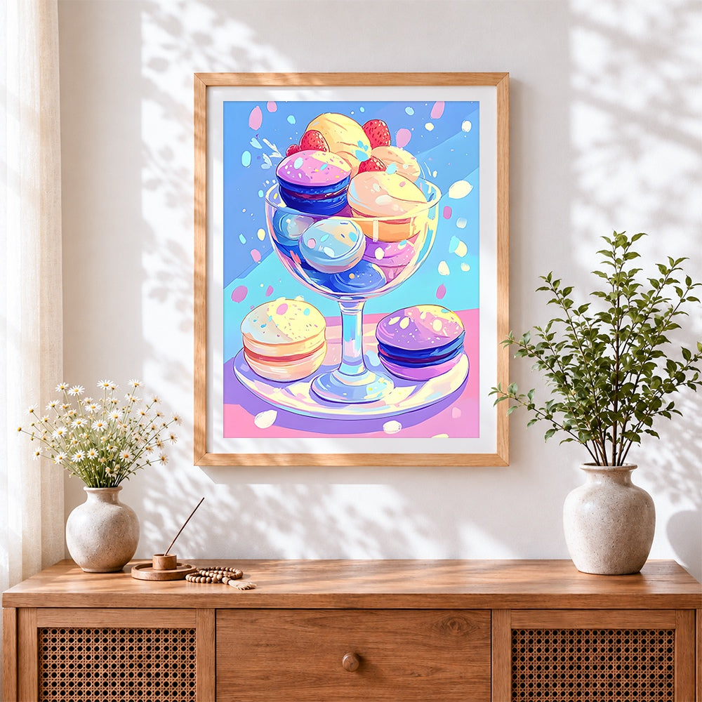 Finished colourful french macarons in a glass cross stitch artwork displayed