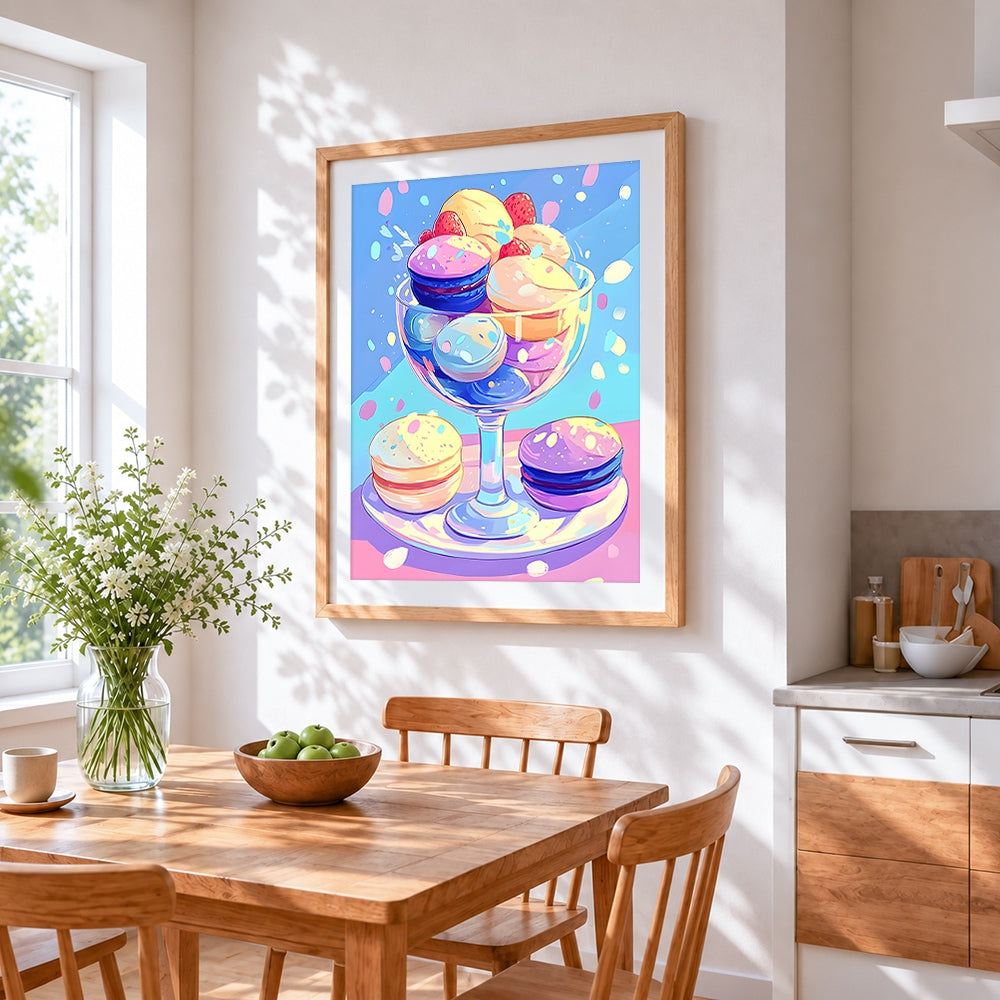 Colourful french macarons in a glass cross stitch artwork displayed on wall as home decor