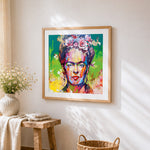 Colourful frida kahlo portrait paint by numbers artwork displayed on wall as home decor