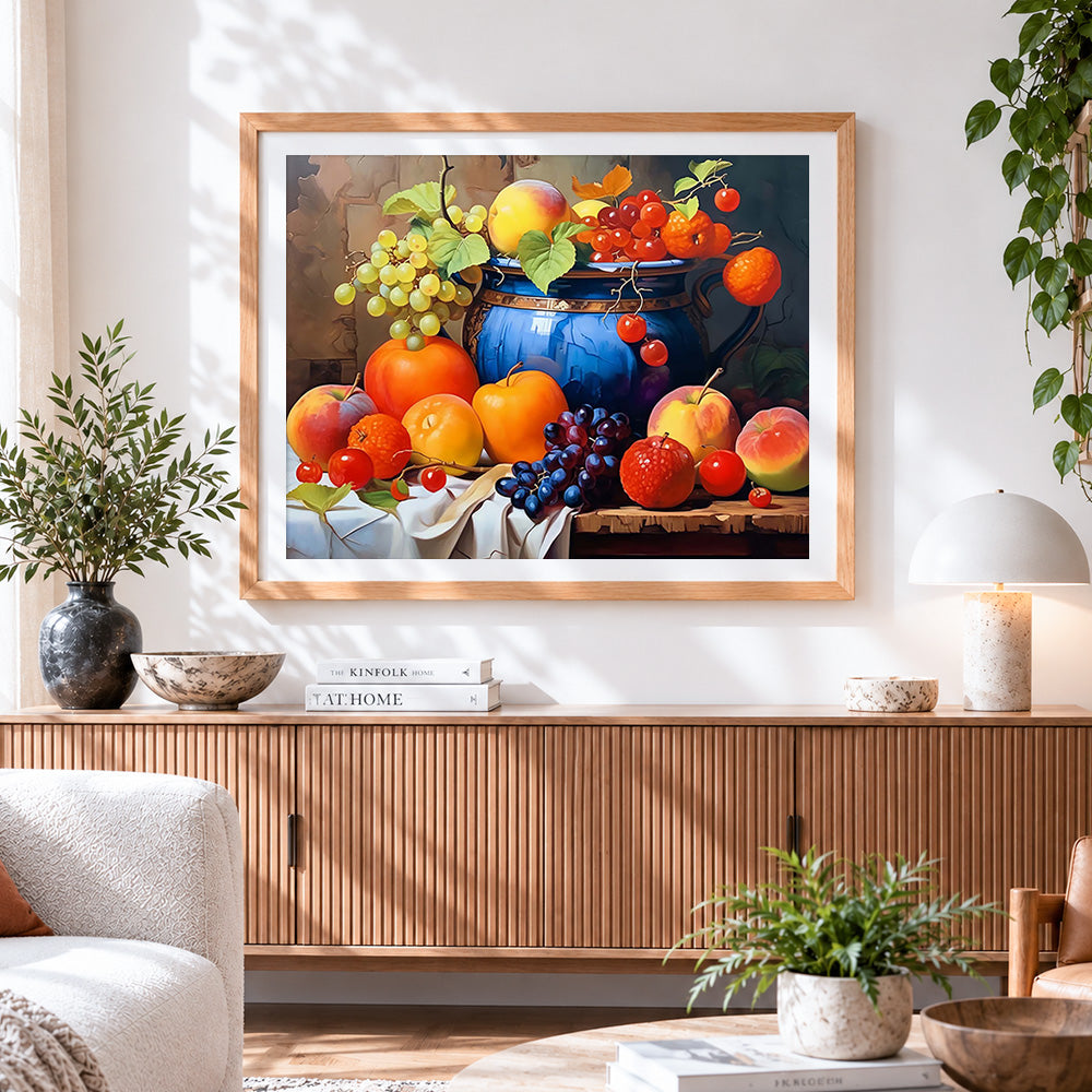 Finished colourful fruit and blue jug paint by numbers artwork displayed as home decor