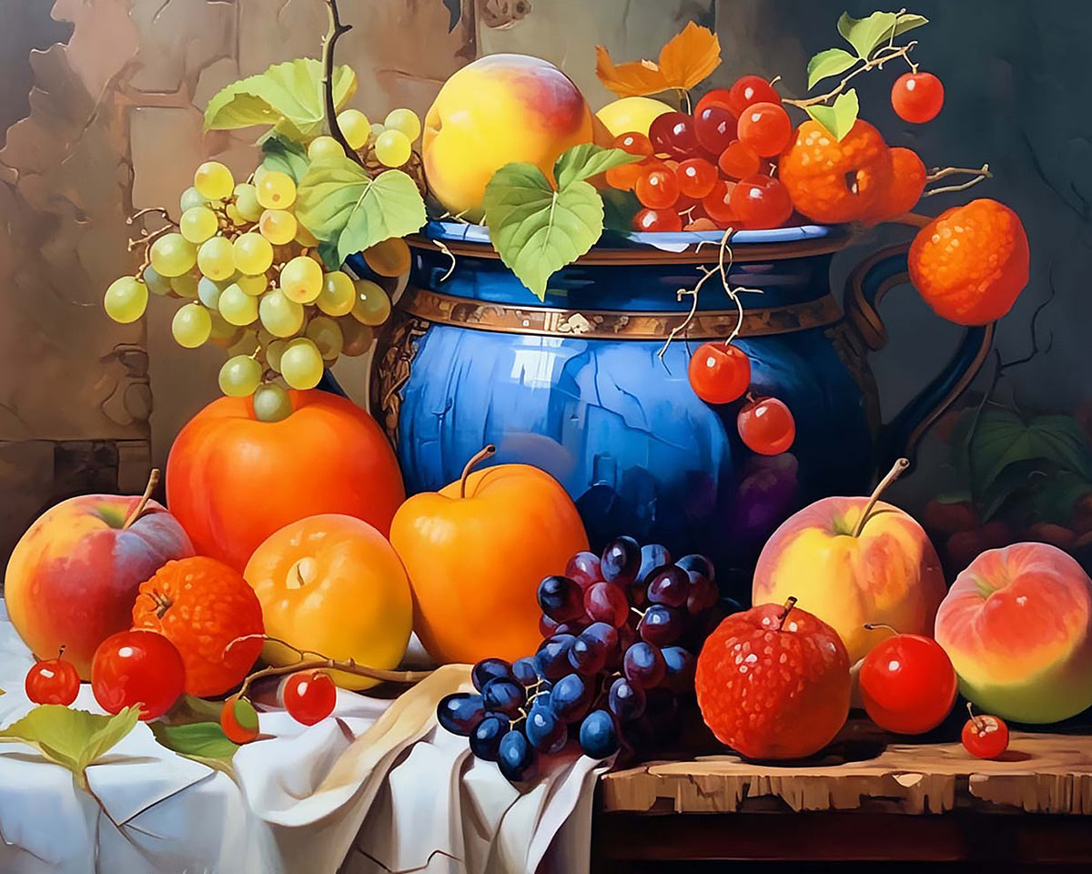 Colourful fruit and blue jug paint by numbers kit for beginners