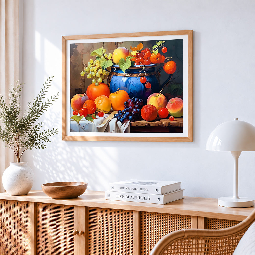 Colourful fruit and blue jug paint by numbers artwork displayed on wall as home decor