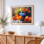 Colourful fruit and blue jug paint by numbers artwork displayed on wall as home decor