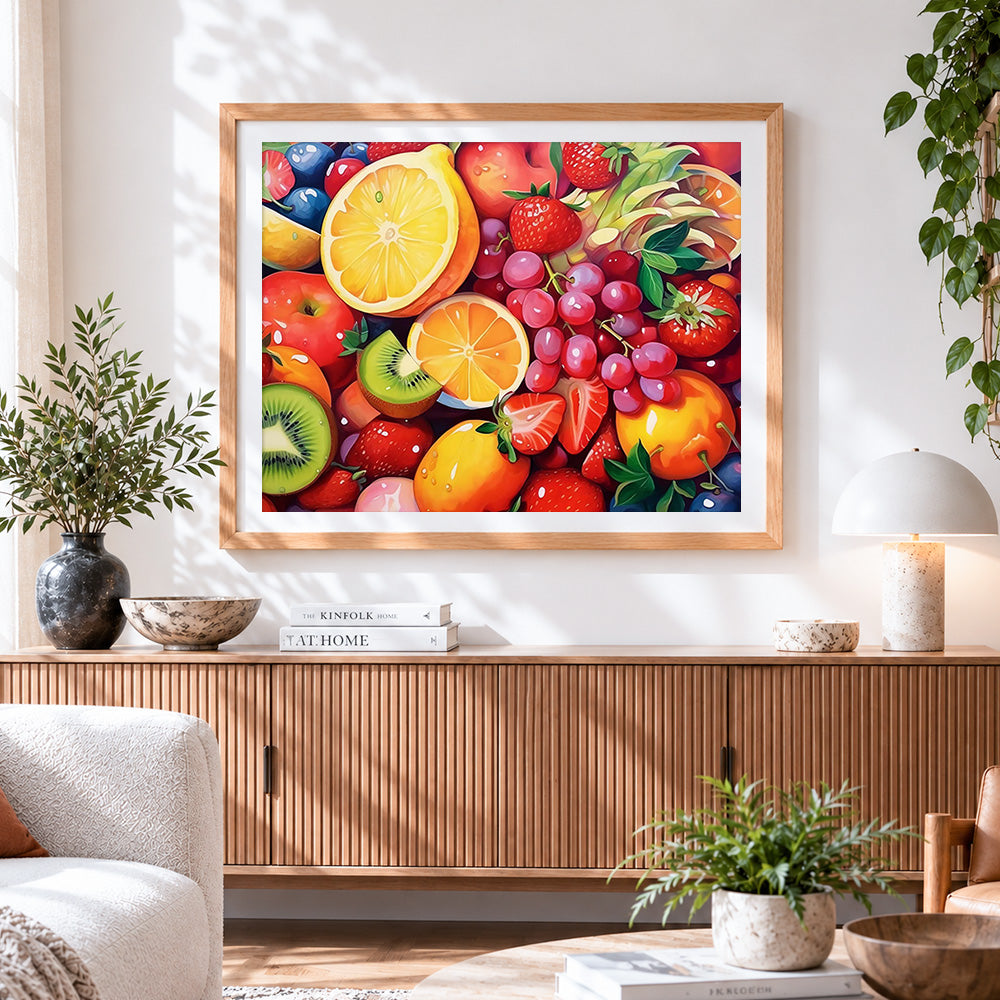Finished colourful fruit collage cross stitch artwork displayed