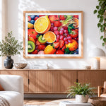 Finished colourful fruit collage paint by numbers artwork displayed as home decor