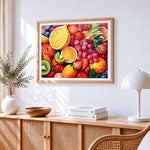Colourful fruit collage paint by numbers artwork displayed on wall as home decor