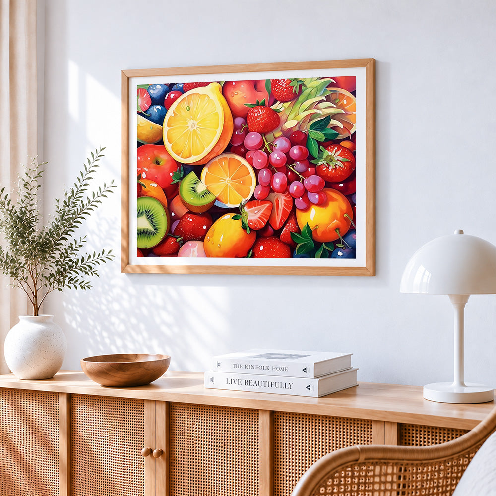 Colourful fruit collage paint by numbers artwork displayed on wall as home decor