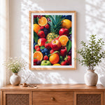 Finished colourful fruit medley cross stitch artwork displayed