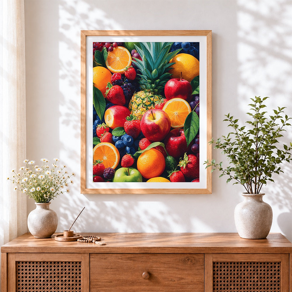 Finished colourful fruit medley cross stitch artwork displayed