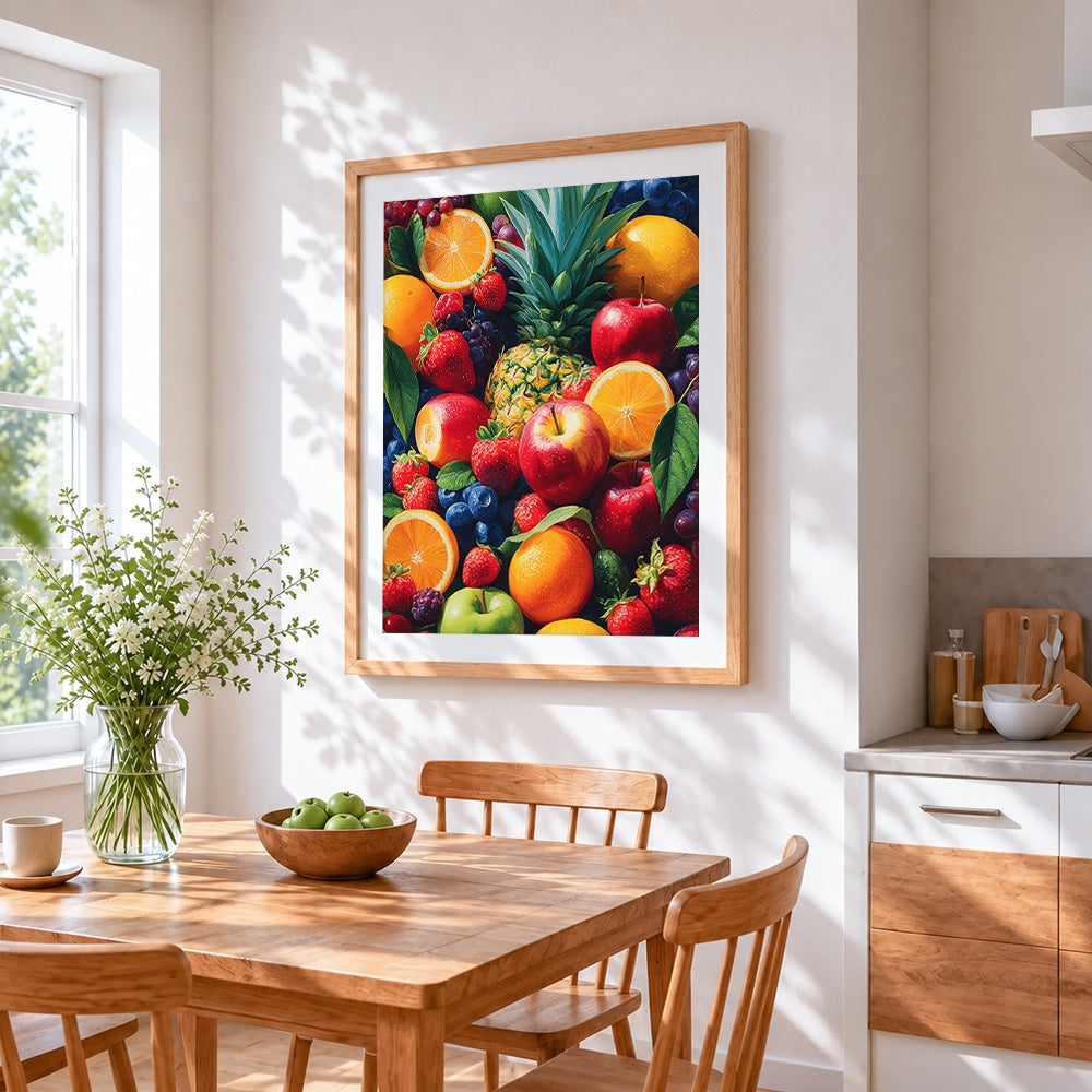 Colourful fruit medley cross stitch artwork displayed on wall as home decor