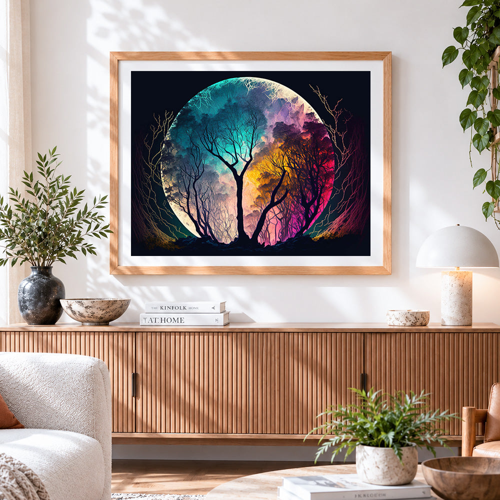 Finished colourful full moon and forest silhouette cross stitch artwork displayed