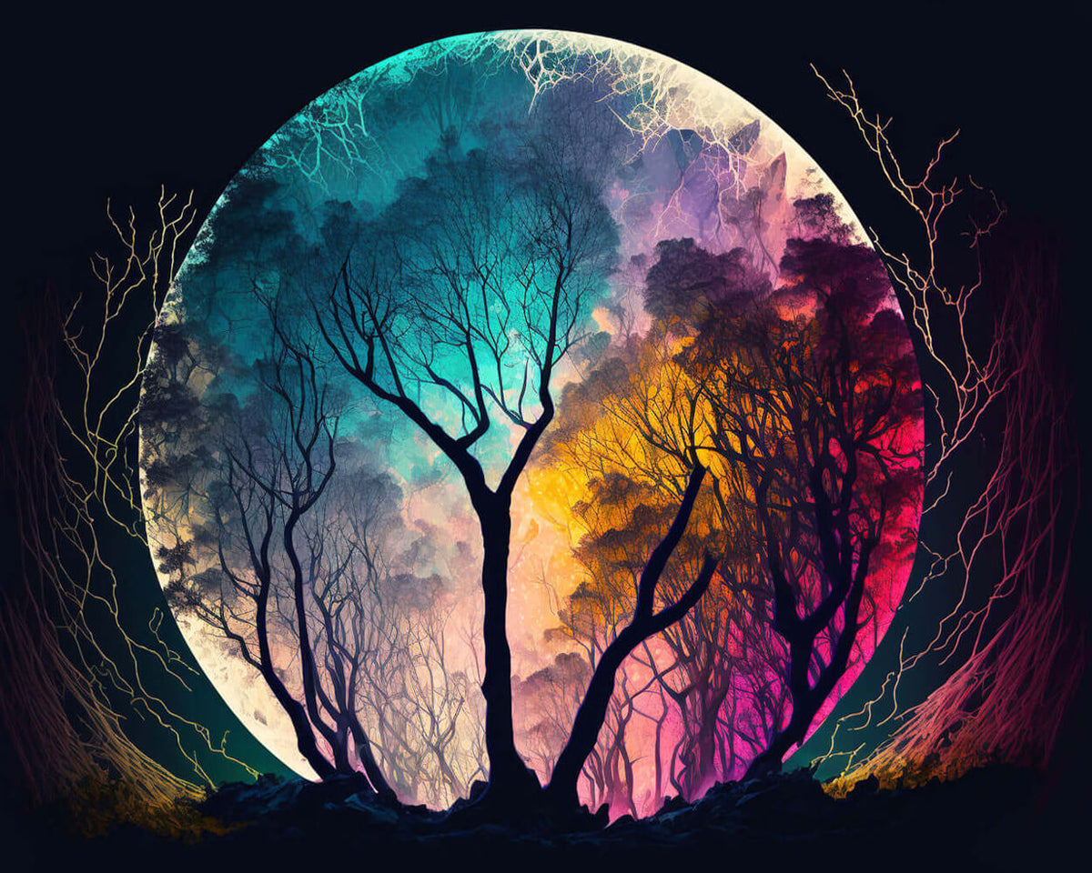 Colourful full moon and forest silhouette cross stitch kit for beginners