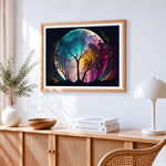 Colourful full moon and forest silhouette cross stitch artwork displayed on wall as home decor