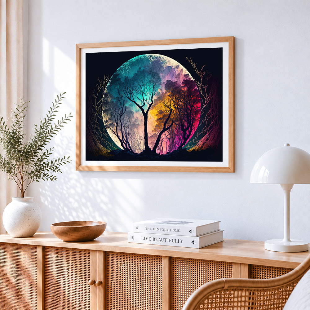Colourful full moon and forest silhouette cross stitch artwork displayed on wall as home decor