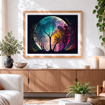 Finished colourful full moon and forest silhouette paint by numbers artwork displayed as home decor