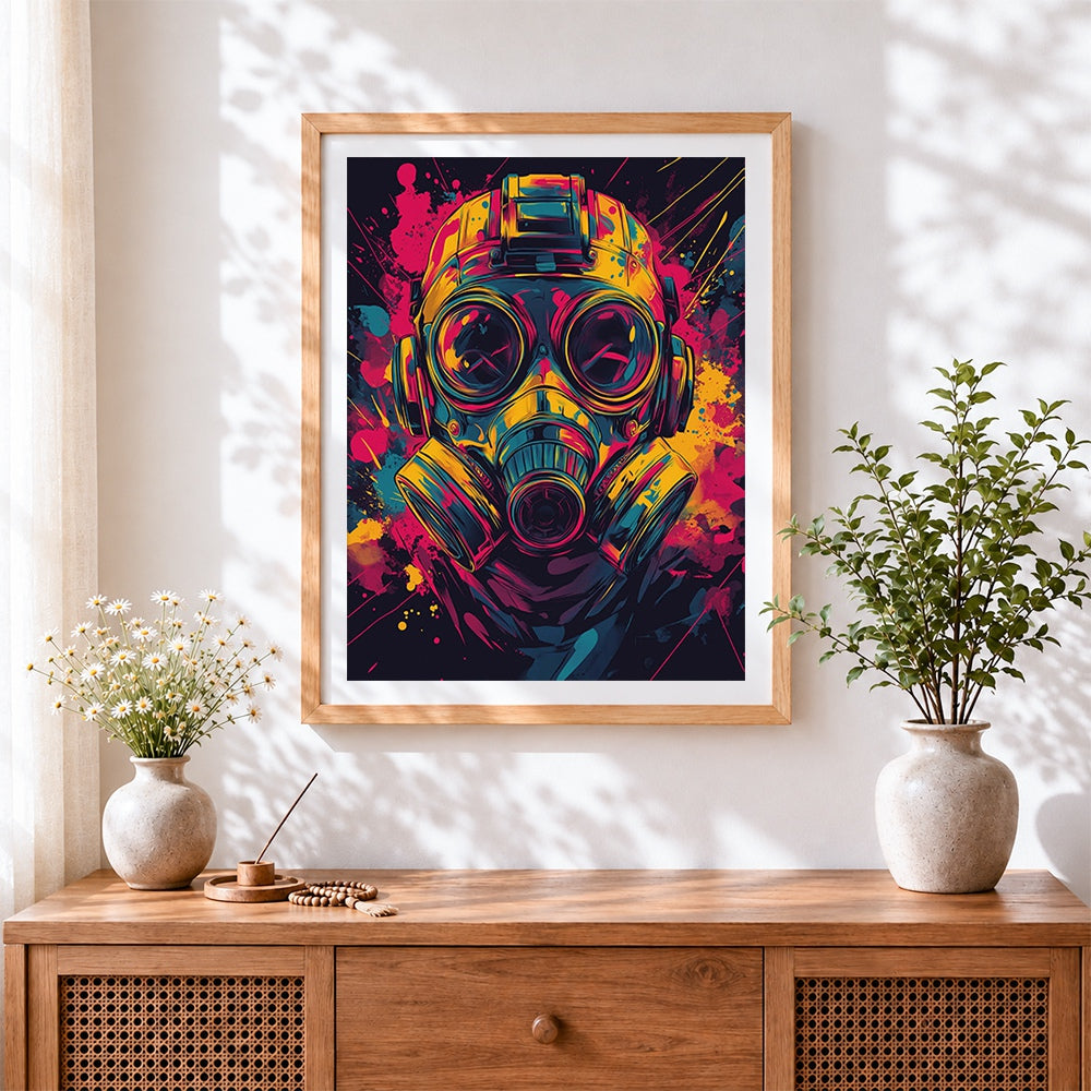 Finished colourful gas mask cross stitch artwork displayed