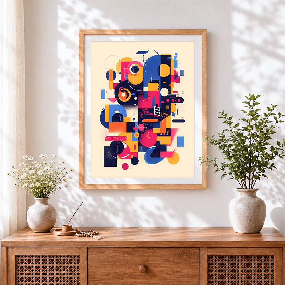 Finished colourful geometric abstract pattern cross stitch artwork displayed