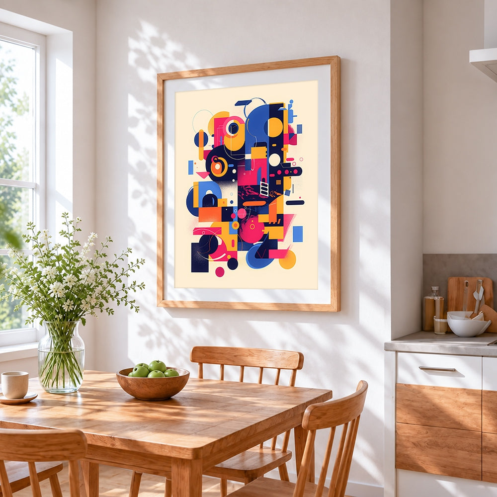 Colourful geometric abstract pattern cross stitch artwork displayed on wall as home decor