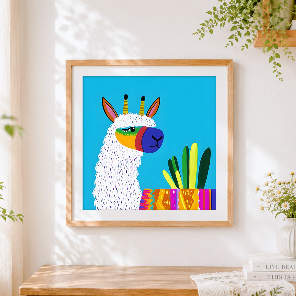 Finished colourful geometric alpaca with cacti cross stitch artwork displayed
