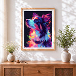 Finished colourful geometric border collie cross stitch artwork displayed