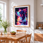 Colourful geometric border collie cross stitch artwork displayed on wall as home decor