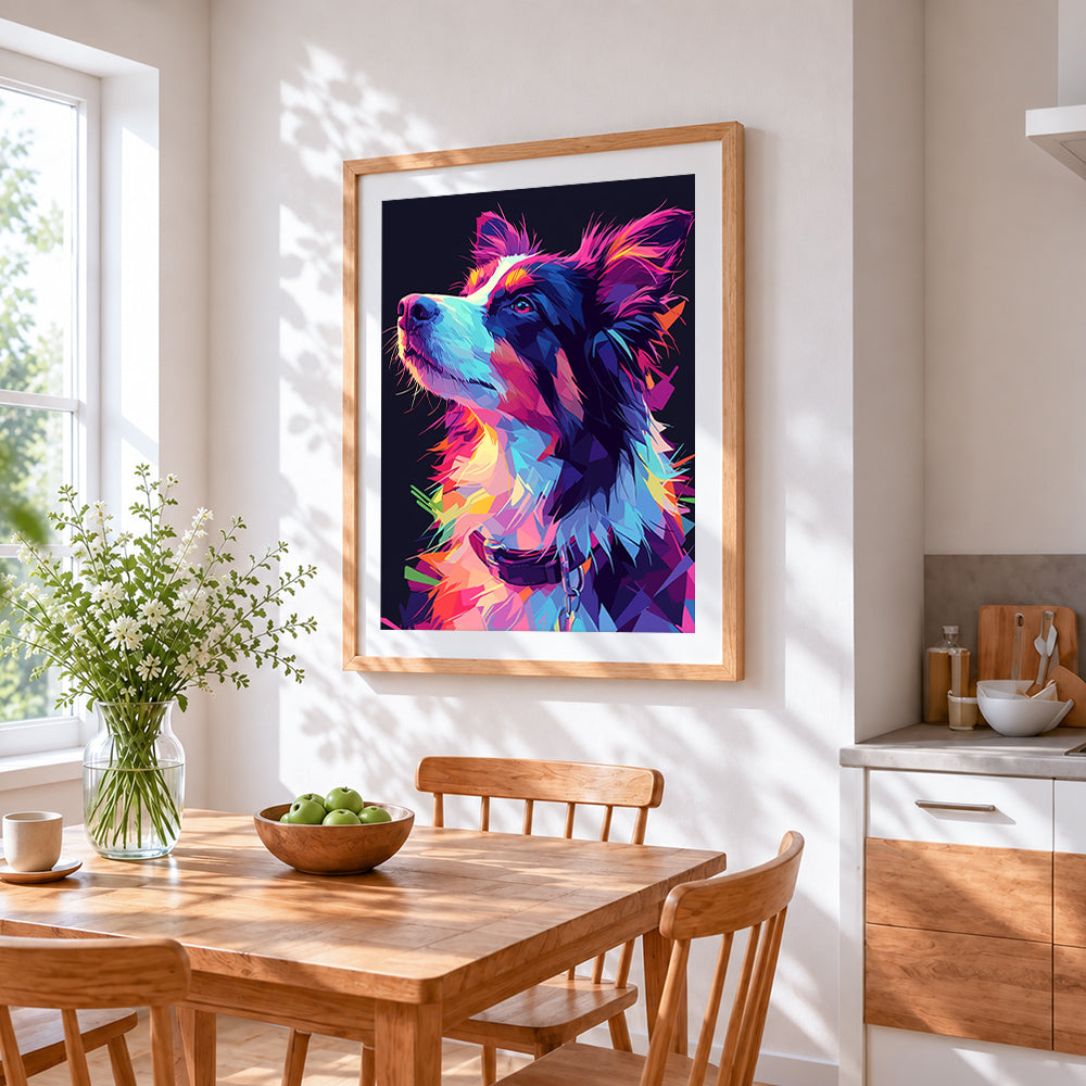 Colourful geometric border collie cross stitch artwork displayed on wall as home decor