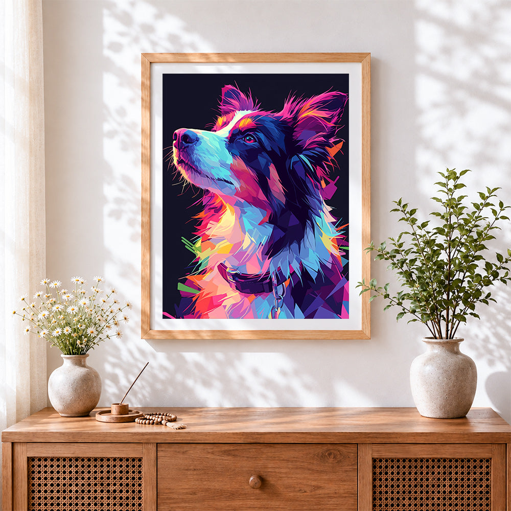 Finished colourful geometric border collie paint by numbers artwork displayed as home decor